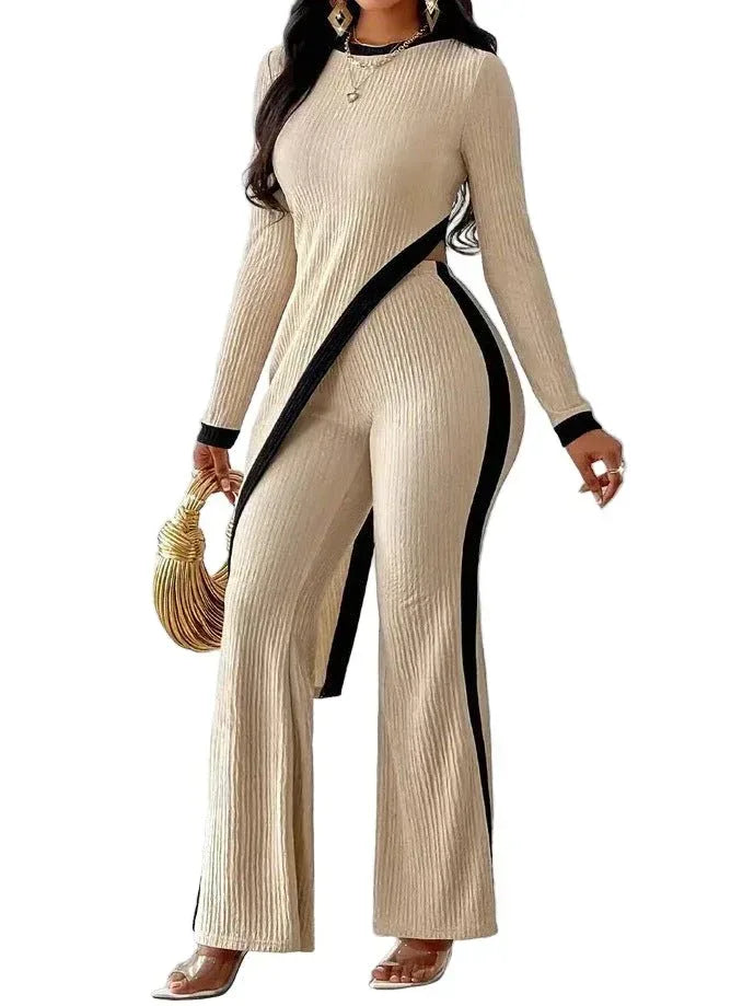 Fashionable Long Sleeve Contrasting Side Split Shirt for Stylish Comfort - Off-White - Allen-Fitness