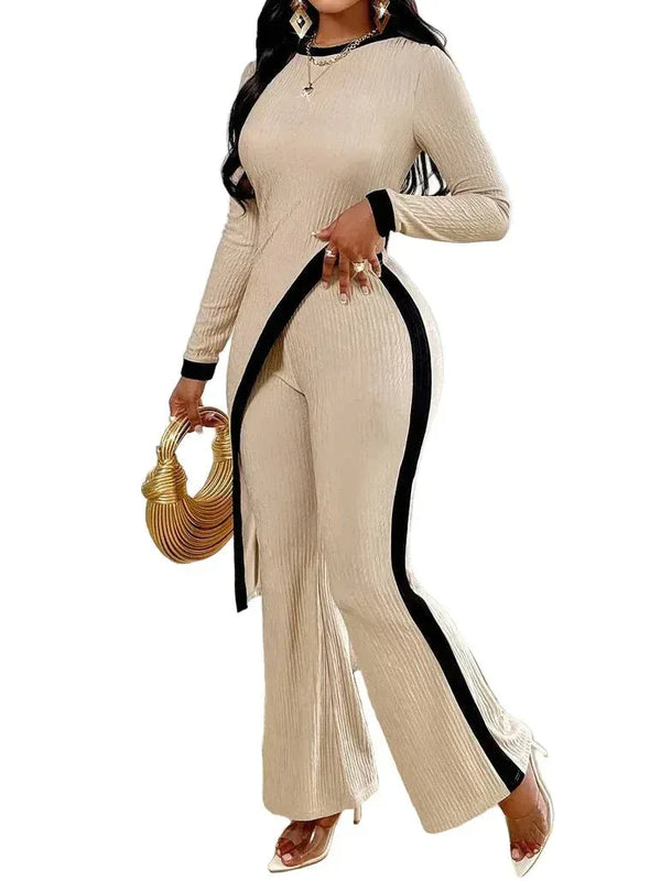 Women's Long Sleeve Contrasting Side Split Shirt & Trousers Set | Off-White | S–2XL