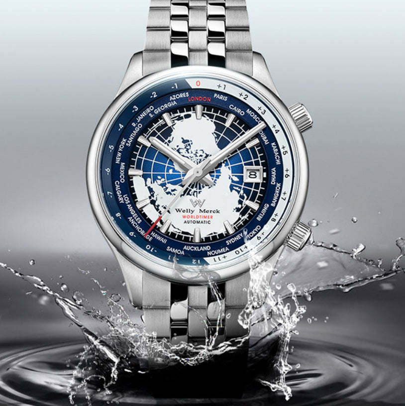 Elegant Mens Fully Automatic Mechanical Watch showcasing a blue dial, automatic movement, and 100m water resistance.