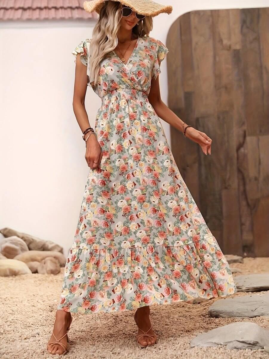 Floral Jumpsuit for Women - Versatile Printed Design with Pleated Skirt, Sizes S-XXL - Allen-Fitness