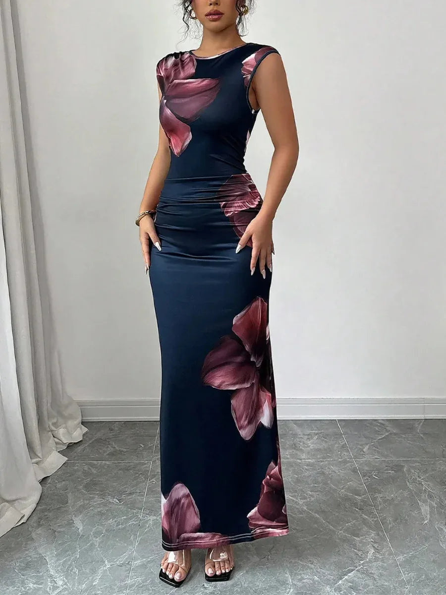 Floral Maxi Dress - Sleeveless Bodycon Style with Slight Stretch, Perfect for Any Occasion - Allen-Fitness