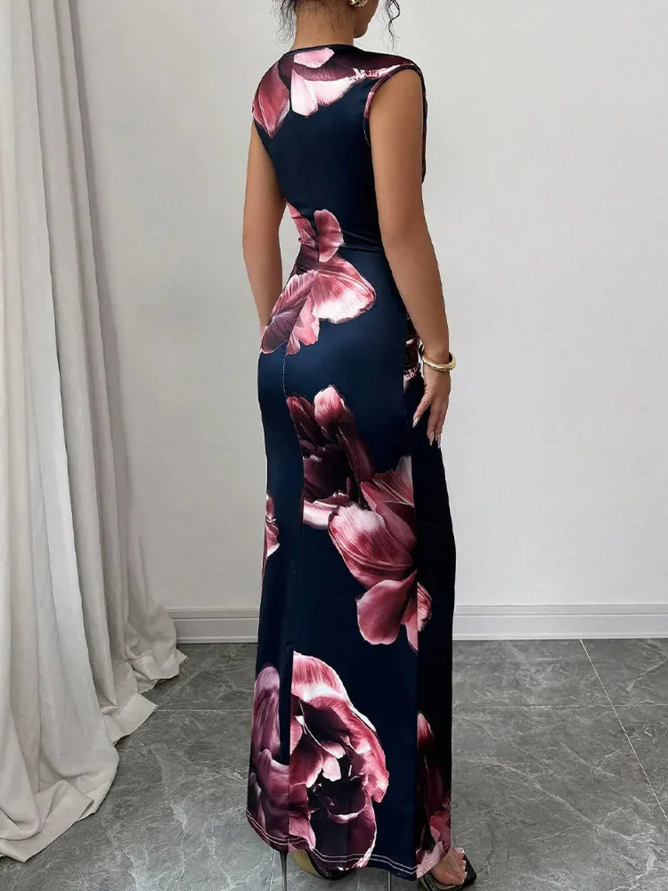 Floral Maxi Dress - Sleeveless Bodycon Style with Slight Stretch, Perfect for Any Occasion - Allen-Fitness