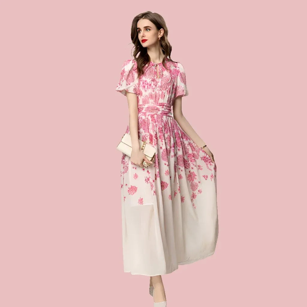 French-Inspired Printed Short Sleeve Dress with Timeless Appeal - Sizes S-XXL - Pink Cotton Polyester Fabric