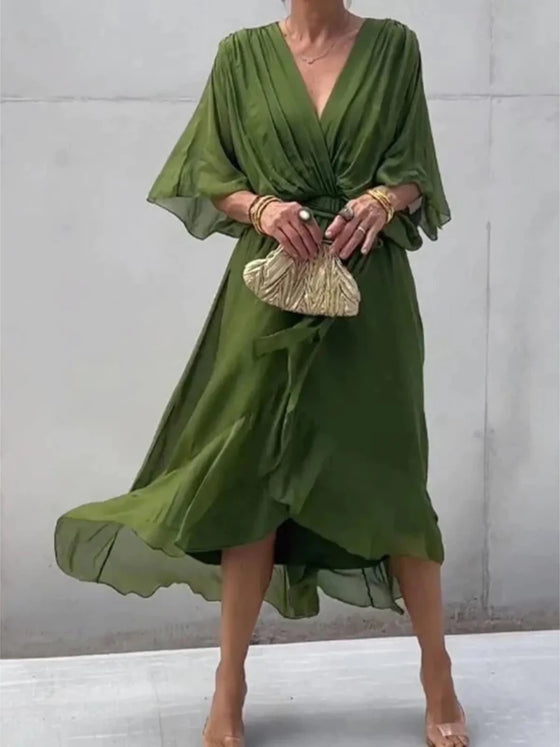 Full Size Flowy Tie Front Midi Dress with Flutter Sleeves Plus Size