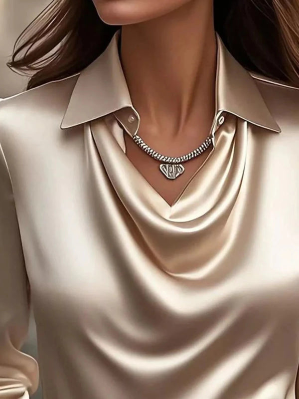 Full Size Satin Cowl Neck Long Sleeve Blouse Plus Size