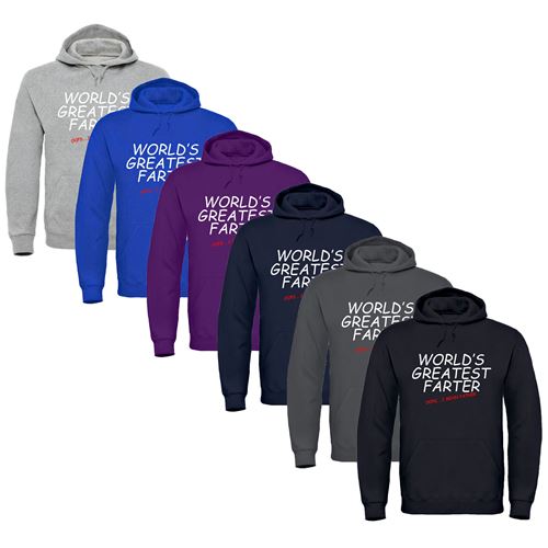 Father's Day - Greatest Farter Hoodie displayed from the front with pouch pocket and drawcord hood.