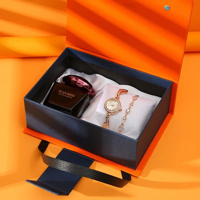 Gift Set for Women - Elegant Watch, Lipstick, Perfume, and Earrings in Red or Orange Box - Allen-Fitness
