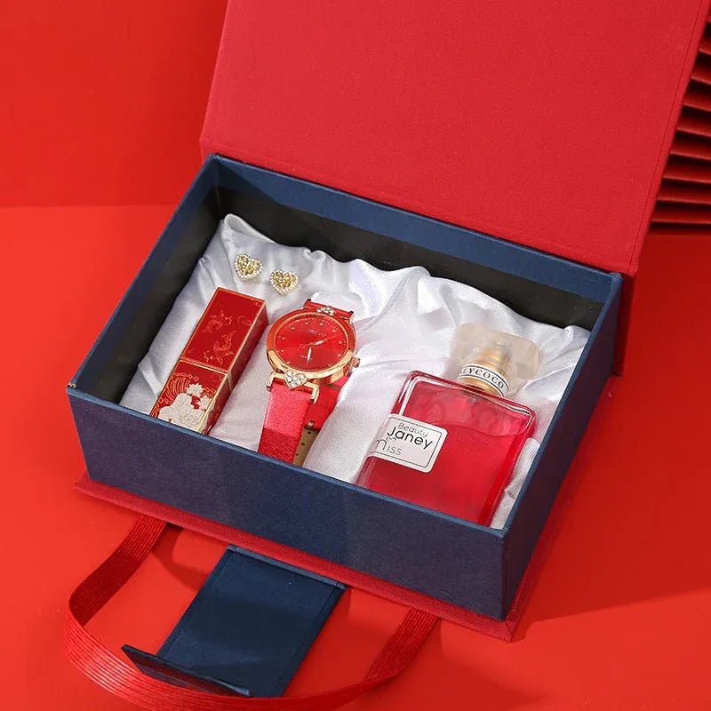Gift Set for Women - Elegant Watch, Lipstick, Perfume, and Earrings in Red or Orange Box - Allen-Fitness