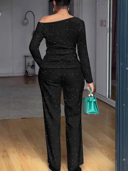 Glitter Long Sleeve Top and Pants Set - Allen-Fitness And Fashion Wear