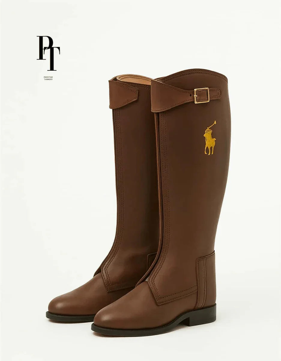 Golden Horse Edition Equestrian Fashion Boots - Custom Full-Grain Leather with Golden Emblem - Allen-Fitness