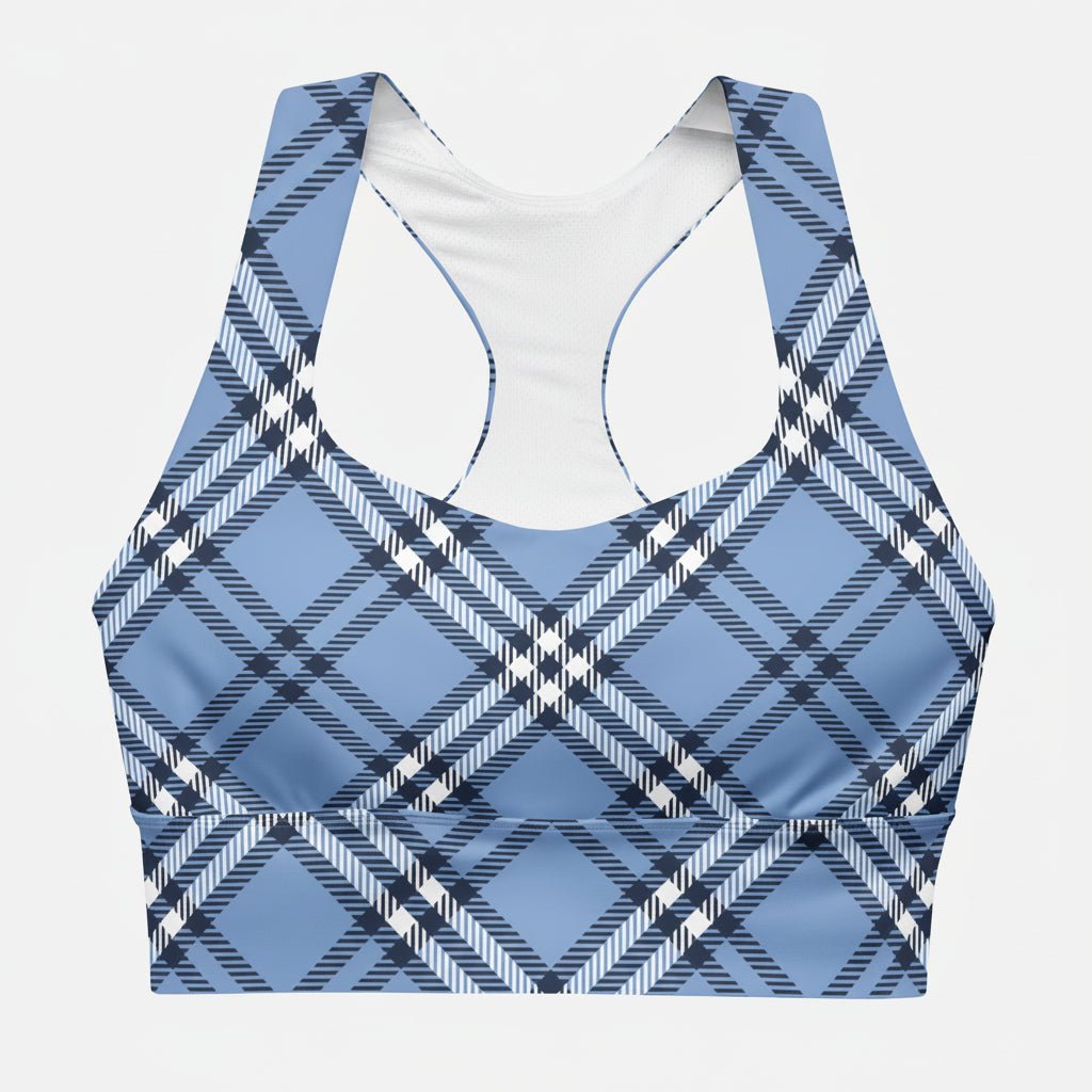 GymBum UK Highland Check Longline Sports Bra - Blue - Allen - Fitness