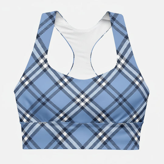 GymBum UK Highland Check Longline Sports Bra - Blue - Allen - Fitness