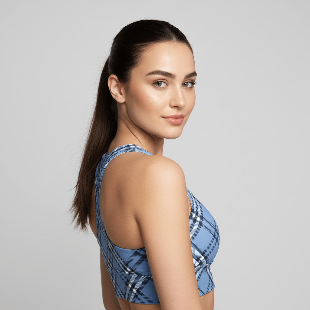 GymBum UK Highland Check Longline Sports Bra - Blue - Allen - Fitness