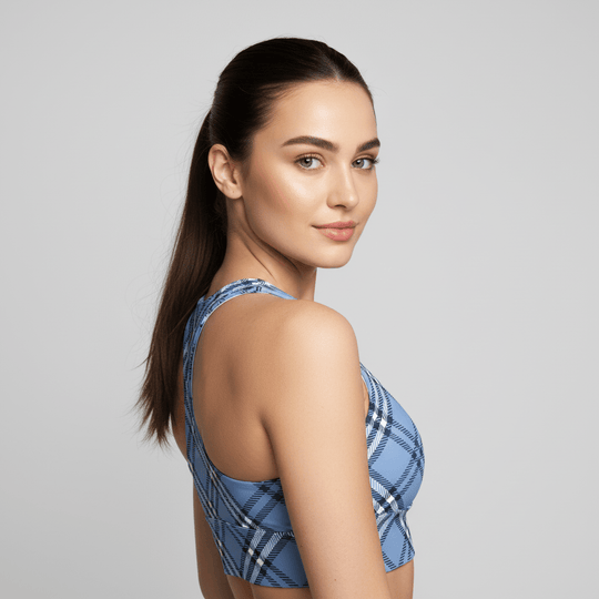 GymBum UK Highland Check Longline Sports Bra - Blue - Allen - Fitness