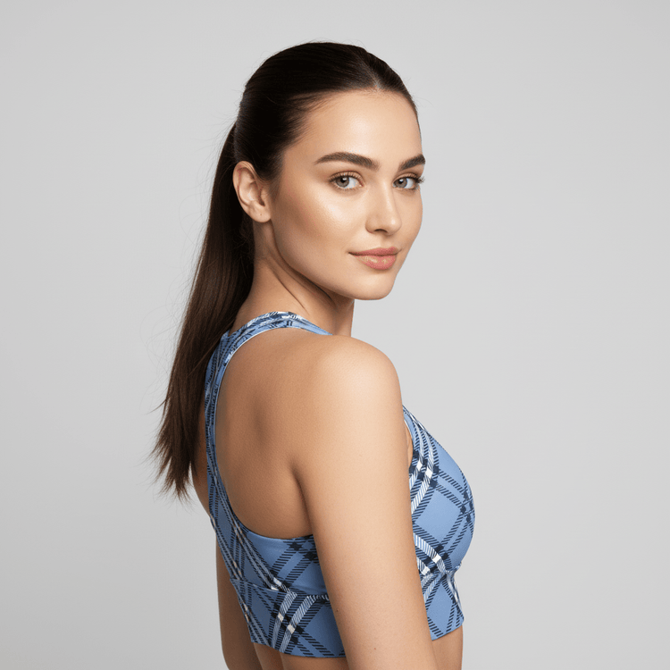GymBum UK Highland Check Longline Sports Bra - Blue - Allen - Fitness