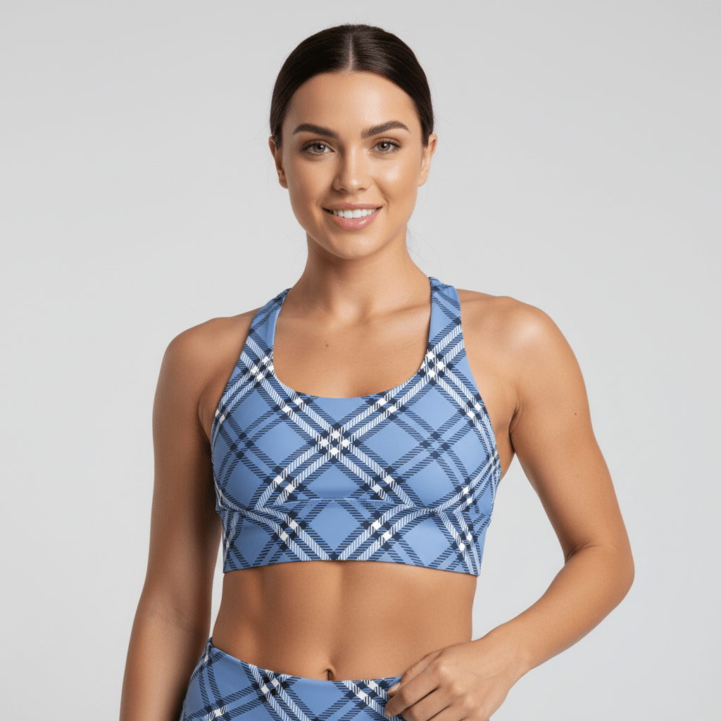 GymBum UK Highland Check Longline Sports Bra - Blue - Allen - Fitness