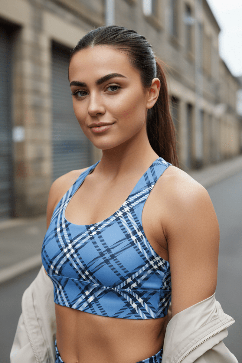 GymBum UK Highland Check Longline Sports Bra - Blue - Allen - Fitness