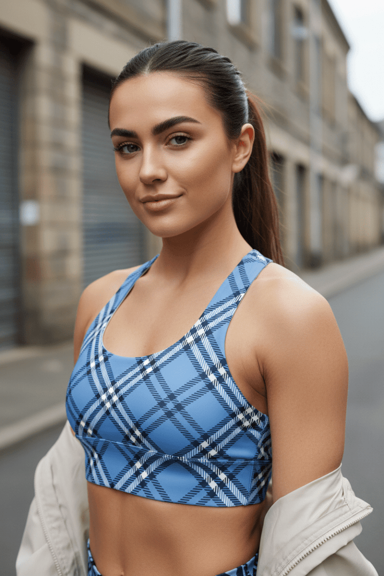 GymBum UK Highland Check Longline Sports Bra - Blue - Allen - Fitness