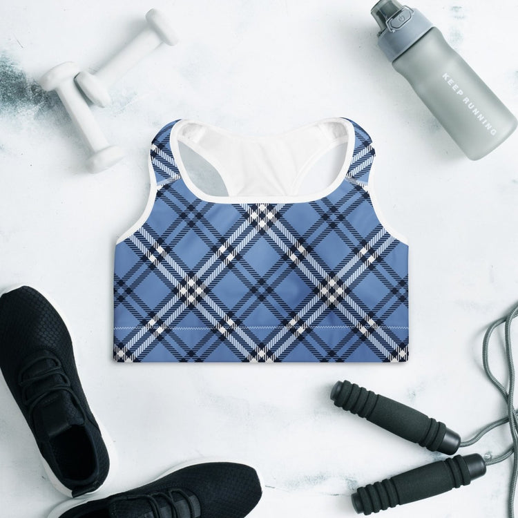 GymBum UK Highland Check Padded Sports Bra– Blue - Allen - Fitness