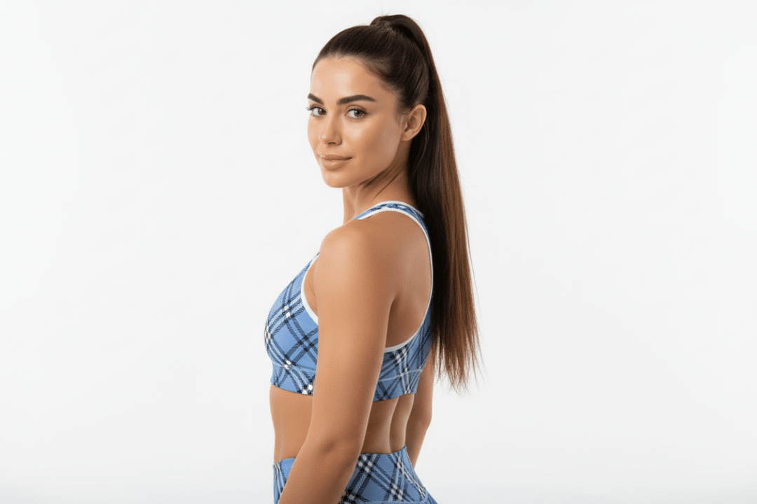 GymBum UK Highland Check Padded Sports Bra– Blue - Allen - Fitness