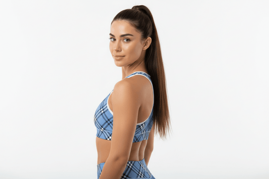 GymBum UK Highland Check Padded Sports Bra– Blue - Allen - Fitness