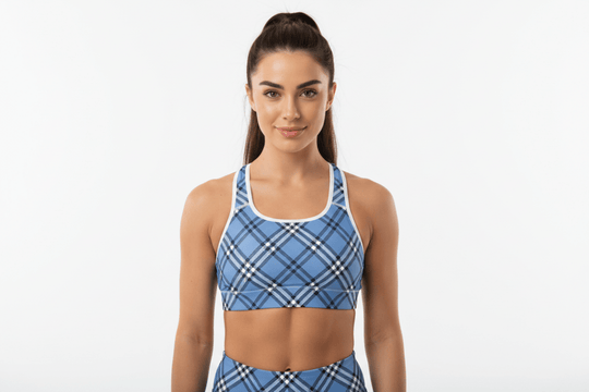 GymBum UK Highland Check Padded Sports Bra– Blue - Allen - Fitness