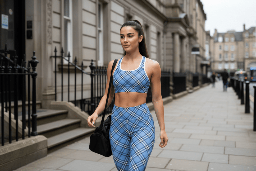 GymBum UK Highland Check Padded Sports Bra– Blue - Allen - Fitness