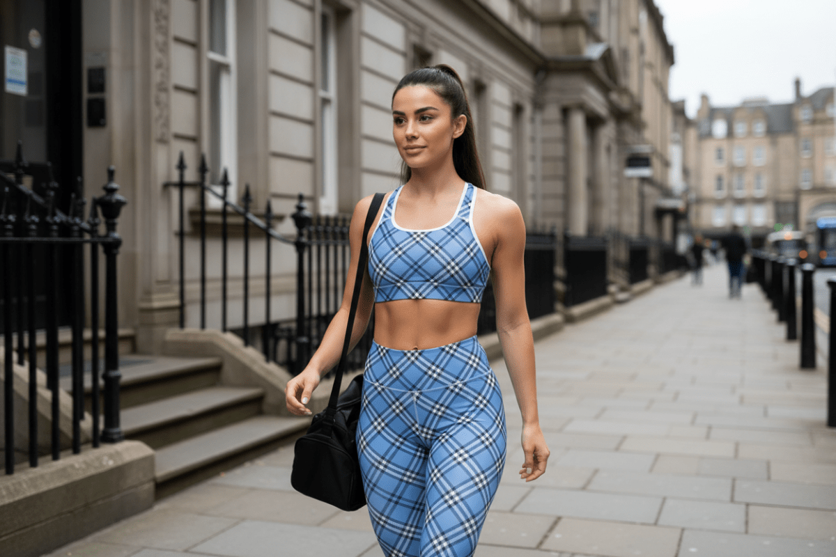 GymBum UK Highland Check Padded Sports Bra– Blue - Allen - Fitness