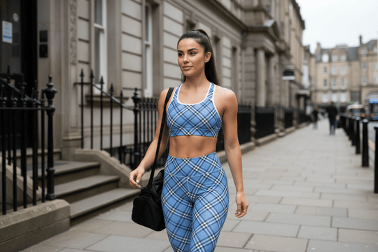 GymBum UK Highland Check Padded Sports Bra– Blue - Allen - Fitness