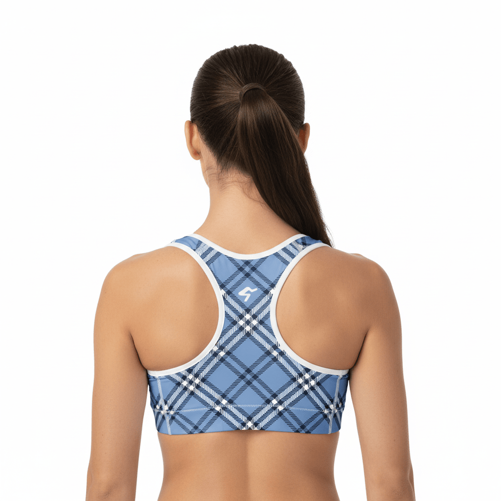 GymBum UK Highland Check Padded Sports Bra– Blue - Allen - Fitness