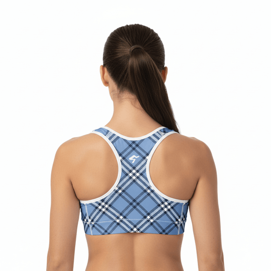 GymBum UK Highland Check Padded Sports Bra– Blue - Allen - Fitness