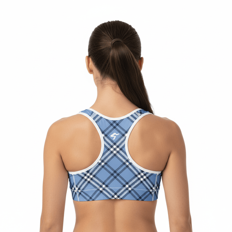 GymBum UK Highland Check Padded Sports Bra– Blue - Allen - Fitness
