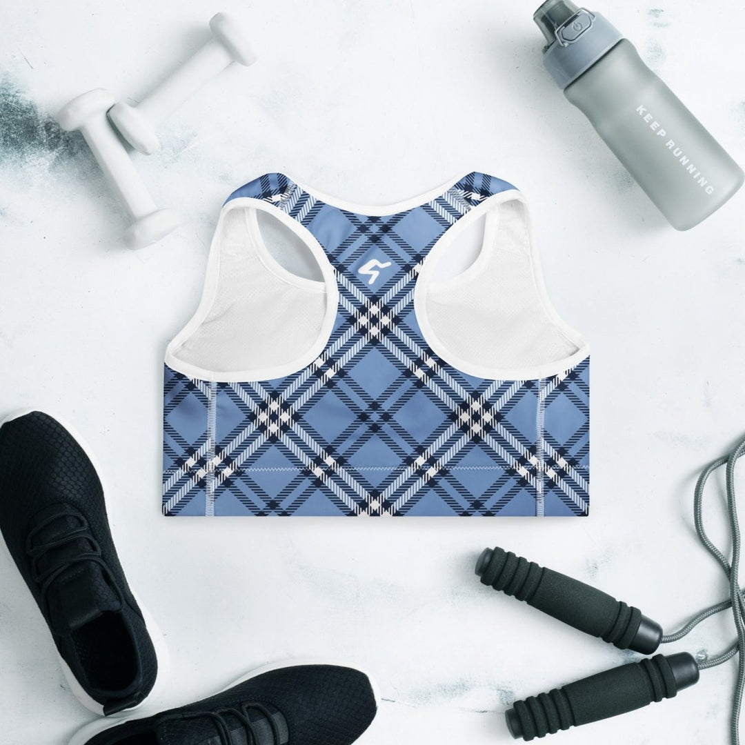 GymBum UK Highland Check Padded Sports Bra– Blue - Allen - Fitness