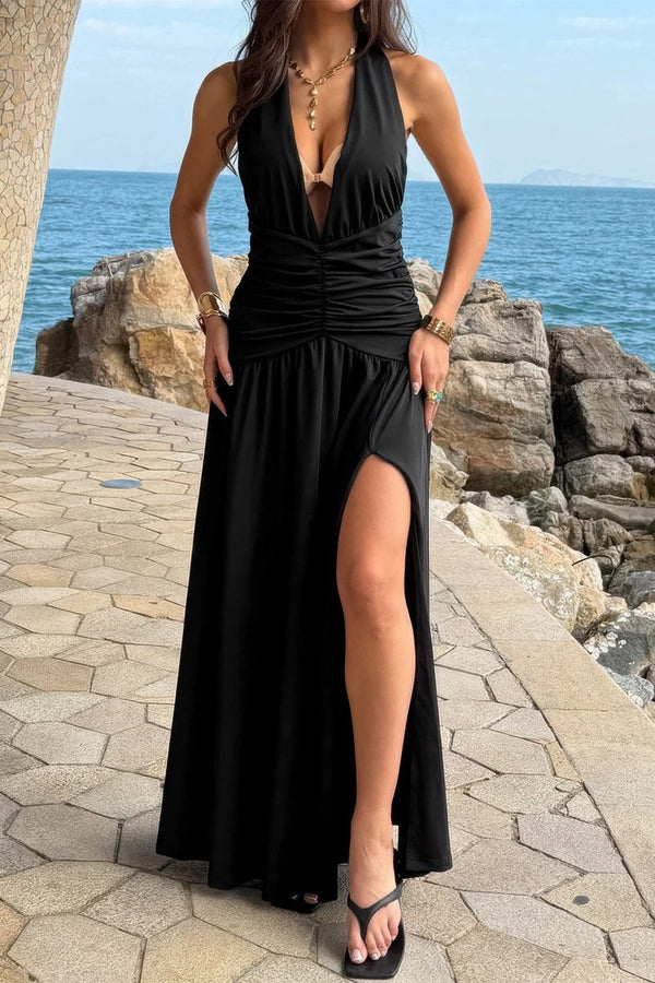 Halter Deep V Neck High Slit Ruched Maxi Dress