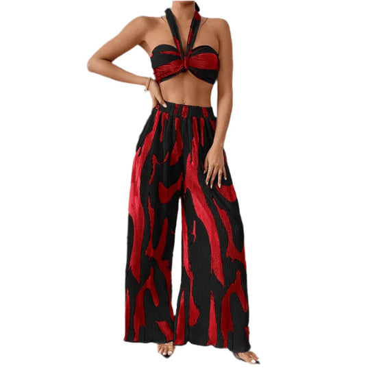 Halter Tube Top &amp; Flame Print Wide-Leg Pants Set - Comfortable Summer Outfit for Trendy Streetwear - Allen-Fitness