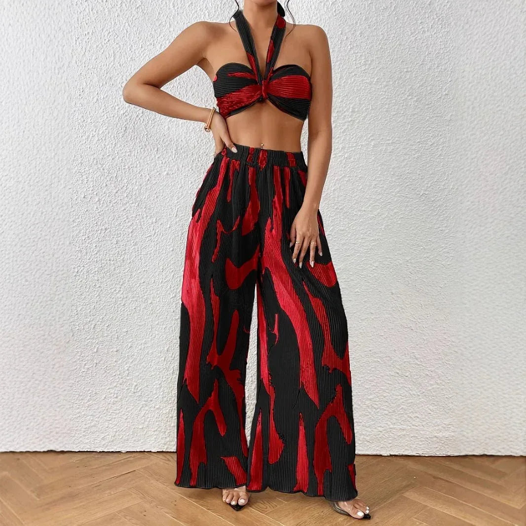 Halter Tube Top & Flame Print Wide-Leg Pants Set - Comfortable Summer Outfit for Trendy Streetwear - Allen-Fitness