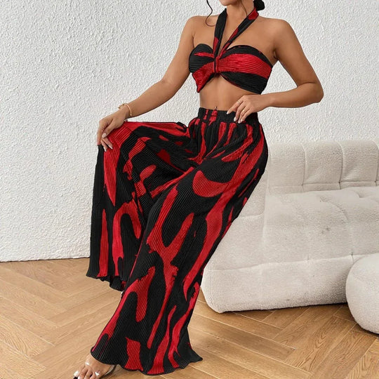 Halter Tube Top &amp; Flame Print Wide-Leg Pants Set - Comfortable Summer Outfit for Trendy Streetwear - Allen-Fitness