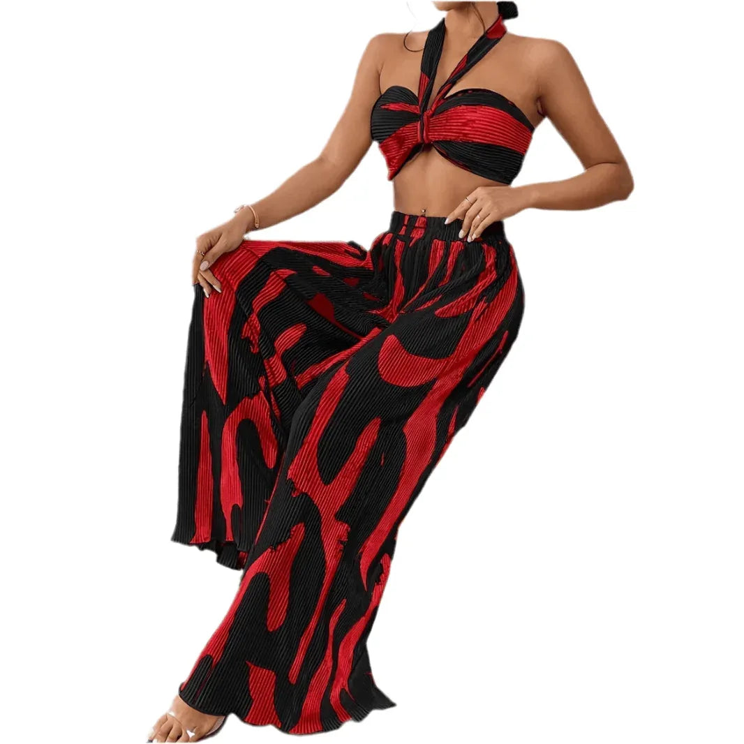 Halter Tube Top &amp; Flame Print Wide-Leg Pants Set - Comfortable Summer Outfit for Trendy Streetwear - Allen-Fitness