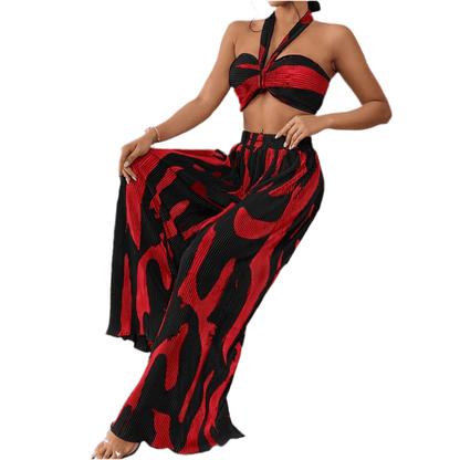 Halter Tube Top & Flame Print Wide - Leg Pants Set - Comfortable Summer Outfit for Trendy Streetwear - Allen - Fitness