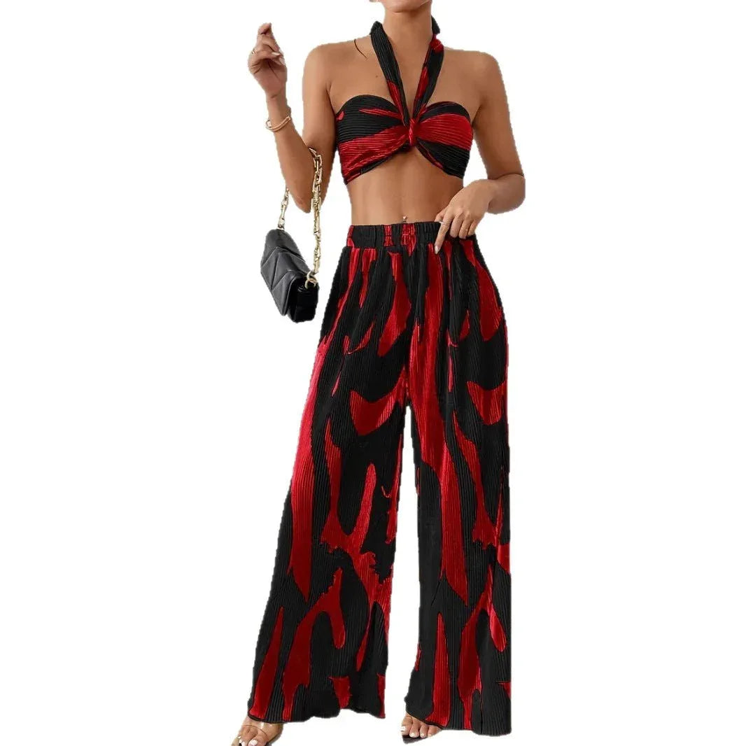 Halter Tube Top &amp; Flame Print Wide-Leg Pants Set - Comfortable Summer Outfit for Trendy Streetwear - Allen-Fitness