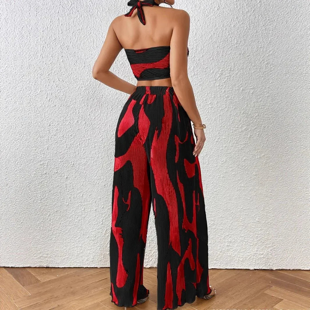 Halter Tube Top & Flame Print Wide-Leg Pants Set - Comfortable Summer Outfit for Trendy Streetwear - Allen-Fitness