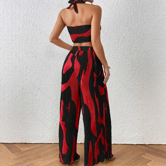 Halter Tube Top &amp; Flame Print Wide-Leg Pants Set - Comfortable Summer Outfit for Trendy Streetwear - Allen-Fitness