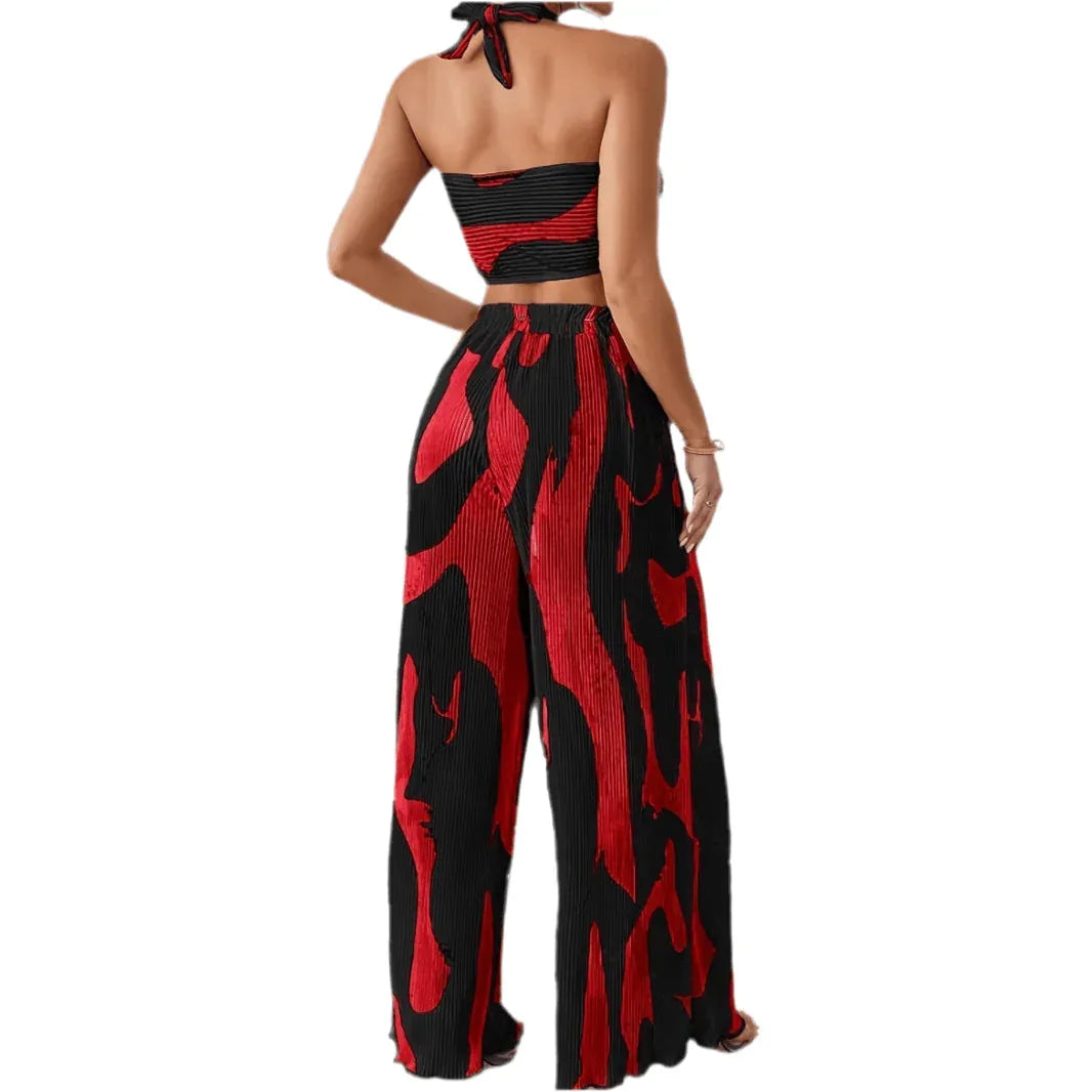 Halter Tube Top &amp; Flame Print Wide-Leg Pants Set - Comfortable Summer Outfit for Trendy Streetwear - Allen-Fitness