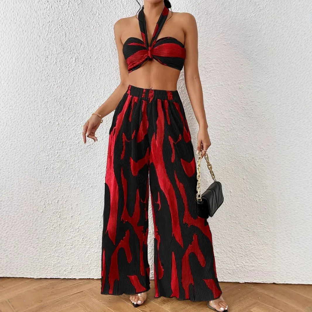 Halter Tube Top &amp; Flame Print Wide-Leg Pants Set - Comfortable Summer Outfit for Trendy Streetwear - Allen-Fitness
