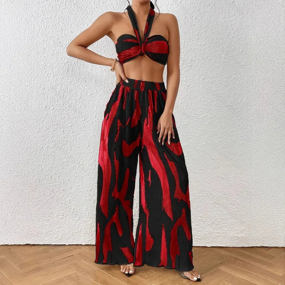 Halter Tube Top & Flame Print Wide-Leg Pants Set - Comfortable Summer Outfit for Trendy Streetwear - Allen-Fitness