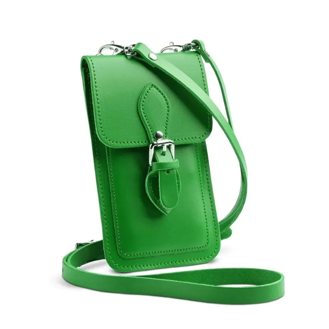 Handmade Leather Phone Pouch - Adjustable Crossbody Style in Green with Magnetic Closure - Allen-Fitness