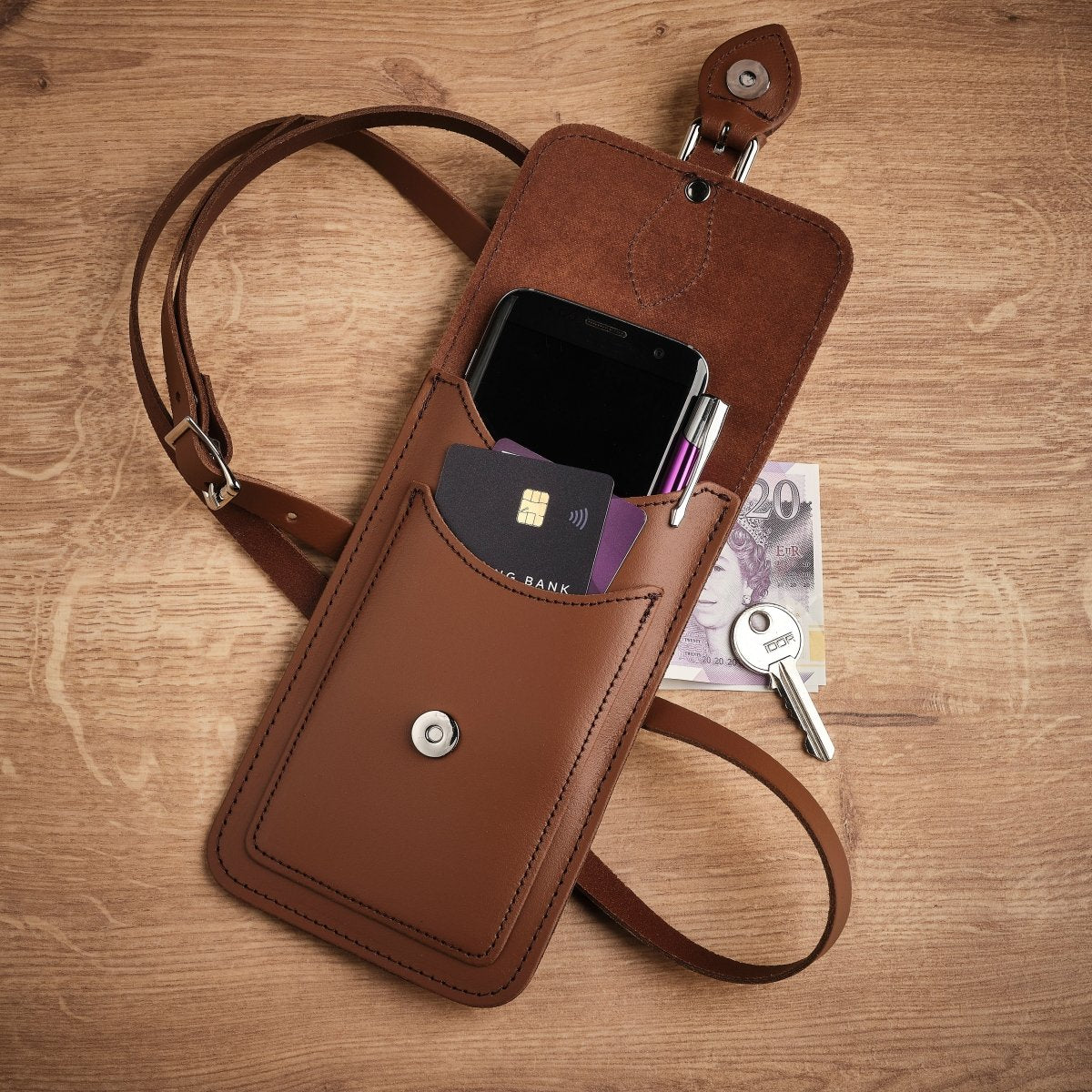 Handmade Mobile Phone Case - Leather Pouch with Adjustable Crossbody Strap in Chestnut - Allen - Fitness