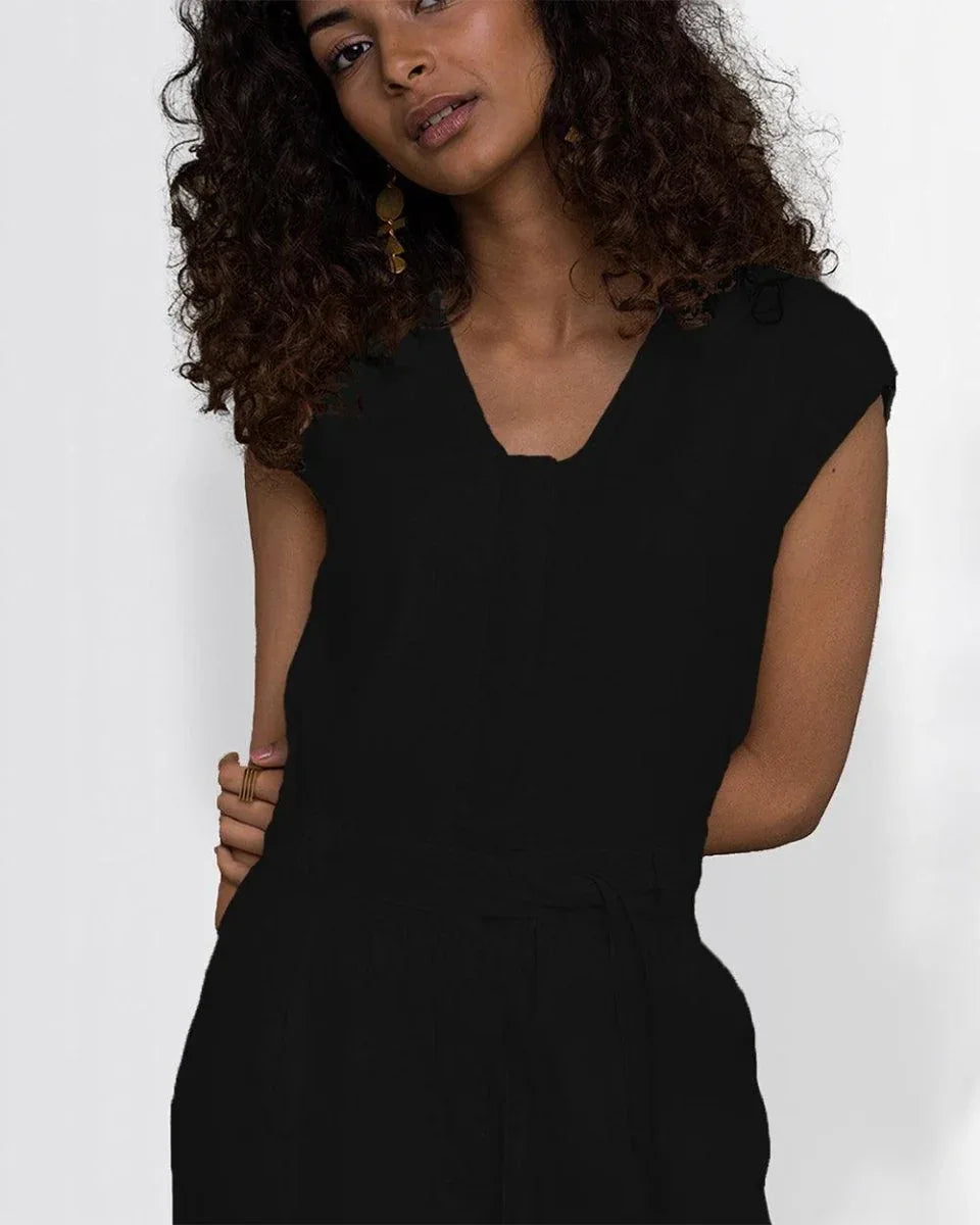 Hemp Jumpsuit with V-Neck, Micro Sleeves, and Pocket - Modern Design for Day or Night - Allen-Fitness