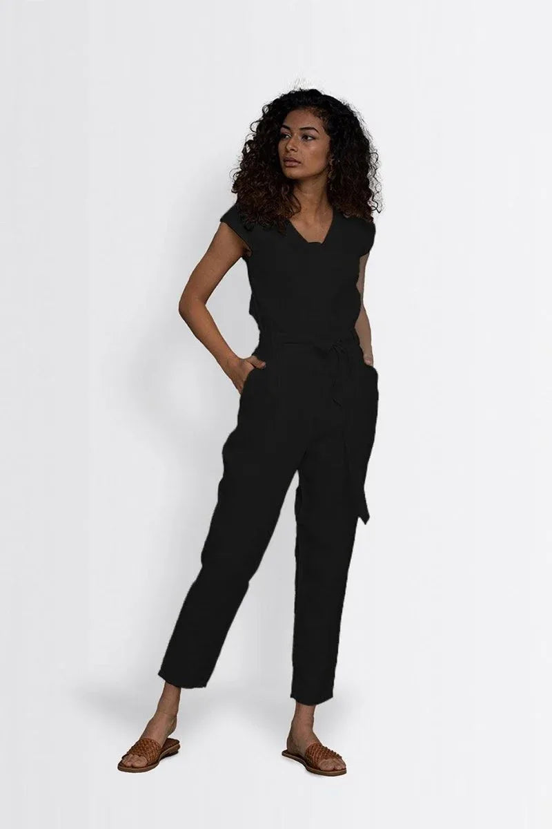 Hemp Jumpsuit with V-Neck, Micro Sleeves, and Pocket - Modern Design for Day or Night - Allen-Fitness