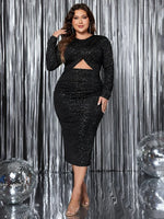 Honey Plus Size Cutout Slit Round Neck Long Sleeve Dress - Allen-Fitness